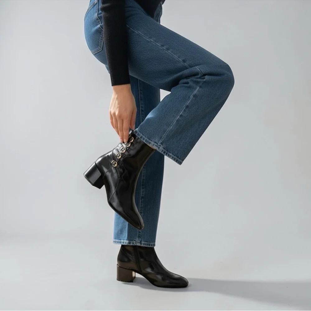 Sézane Leonie Mid Boots in Patent Black FR 38 / US 7